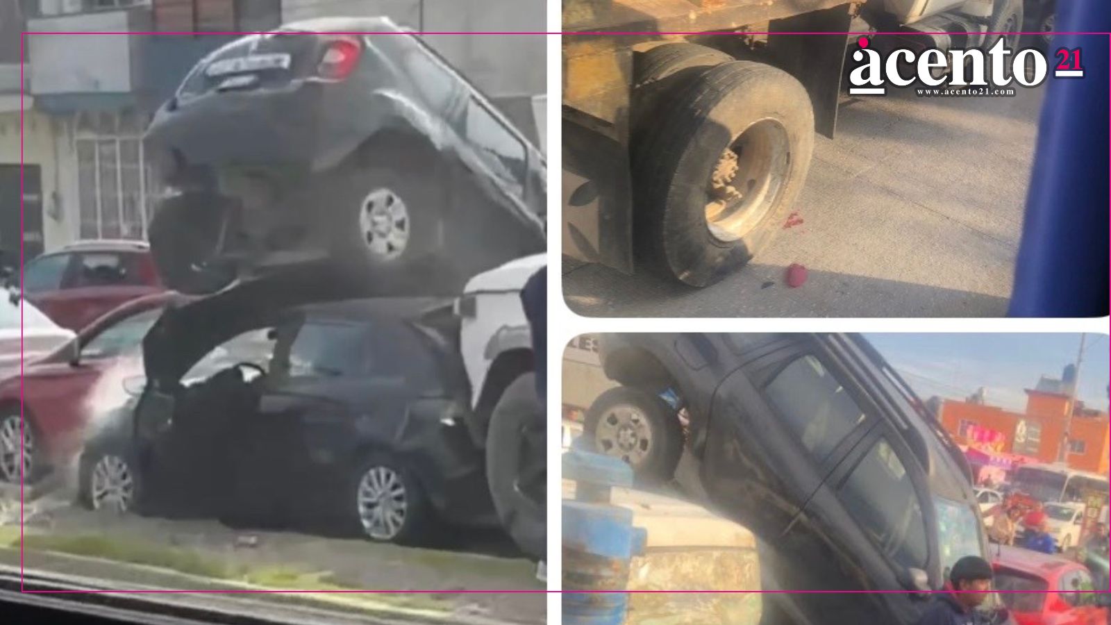 Carambola en Avenida Xonacatepec de 4 vehículos termina con un auto encima del otro