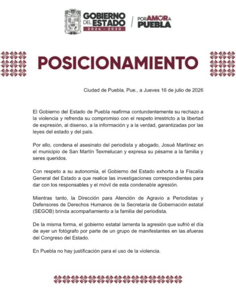 Gobierno de Puebla condena asesinato de periodista Josué Martínez y exige esclarecer el crimen