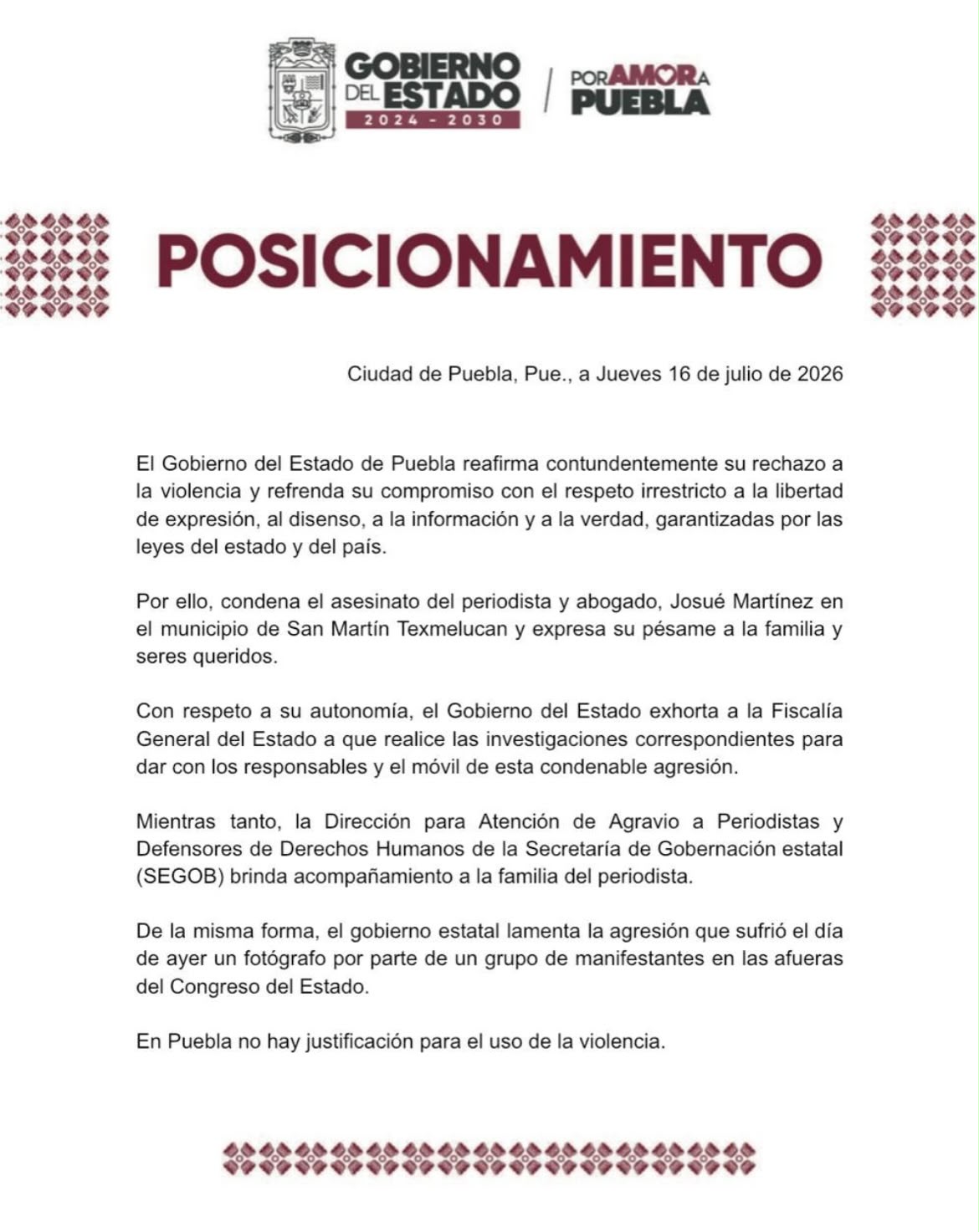 Gobierno de Puebla condena asesinato de periodista Josué Martínez y exige esclarecer el crimen