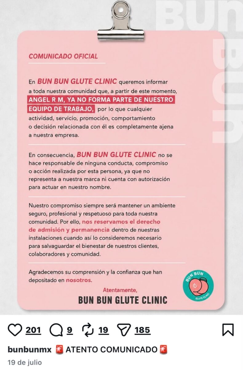 el gimnasio “BUN BUN”, ubicado en la lateral de la Recta a Cholula, el pasado 19 de julio publicó un comunicado en el que confirmó la salida de Ángel