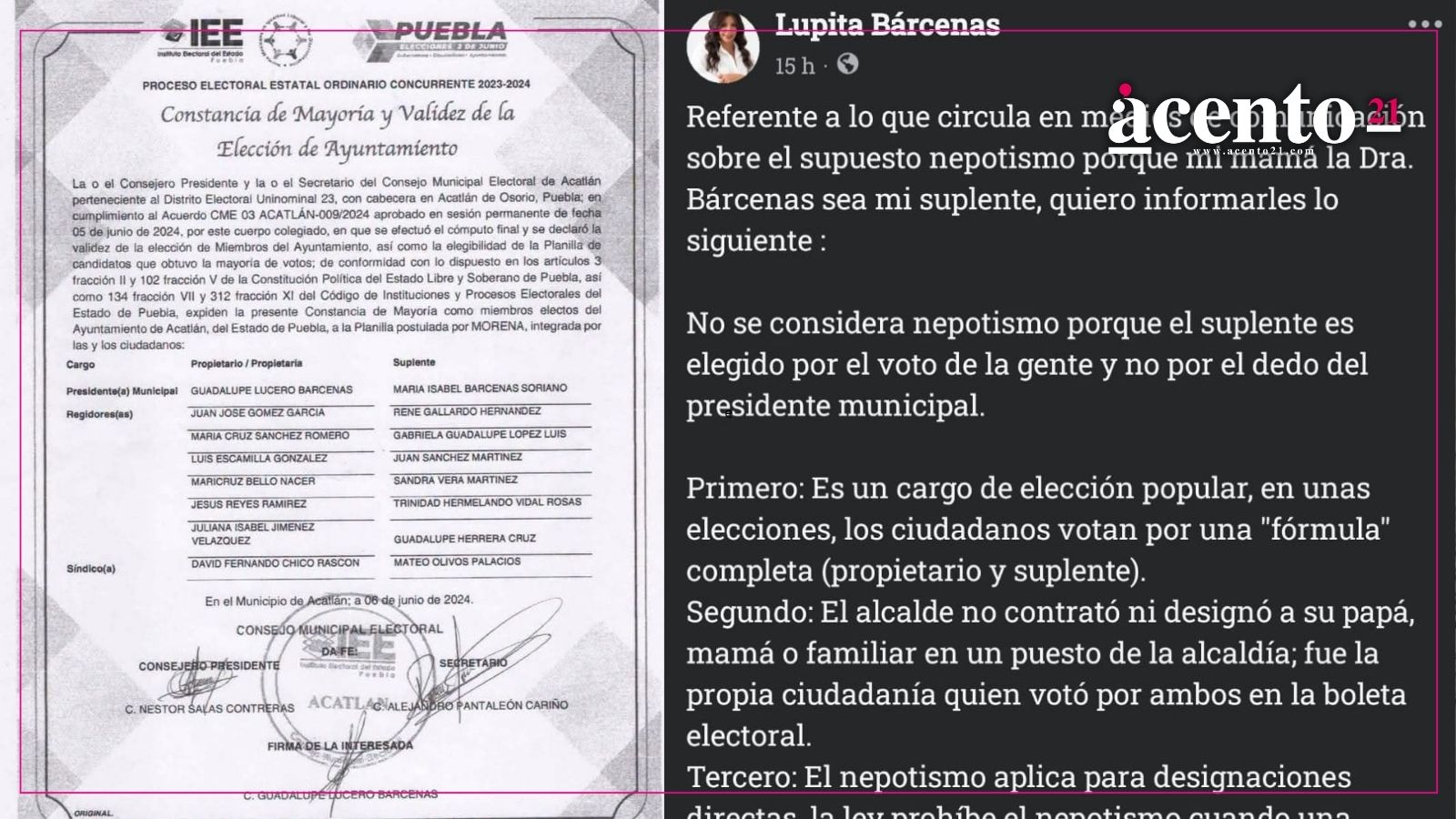Lupita Bárcenas rechaza acusaciones de nepotismo por suplencia de su madre