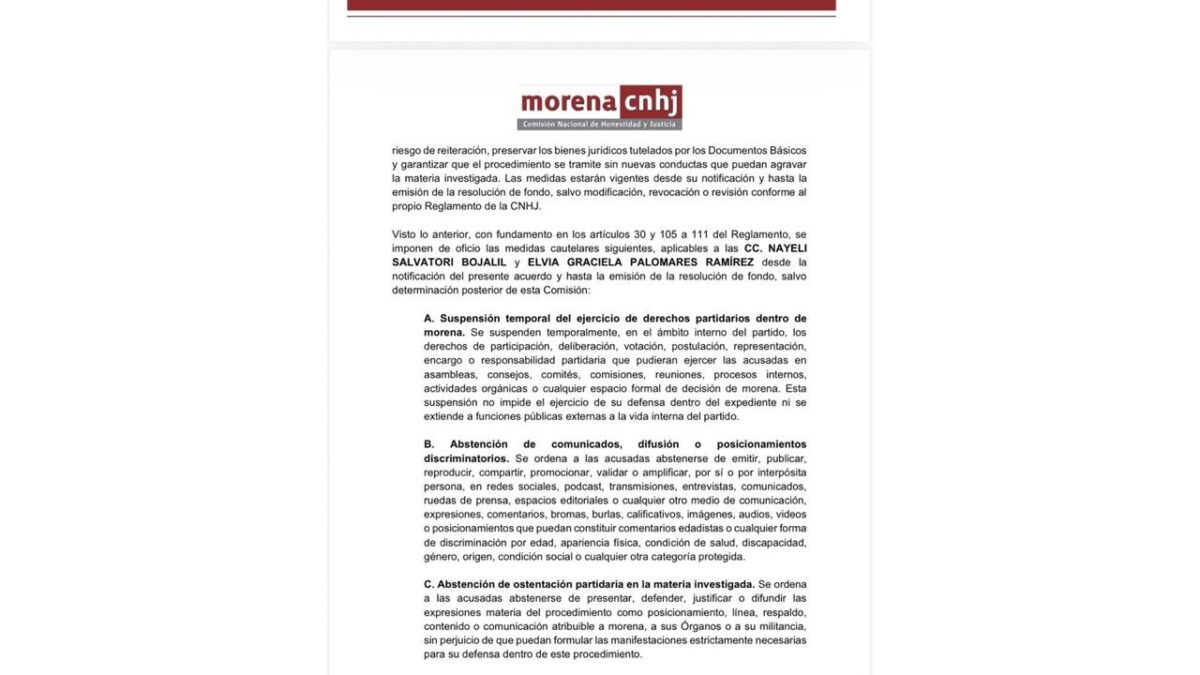 Morena suspende derechos partidarios de Nayeli Salvatori y Graciela Palomares