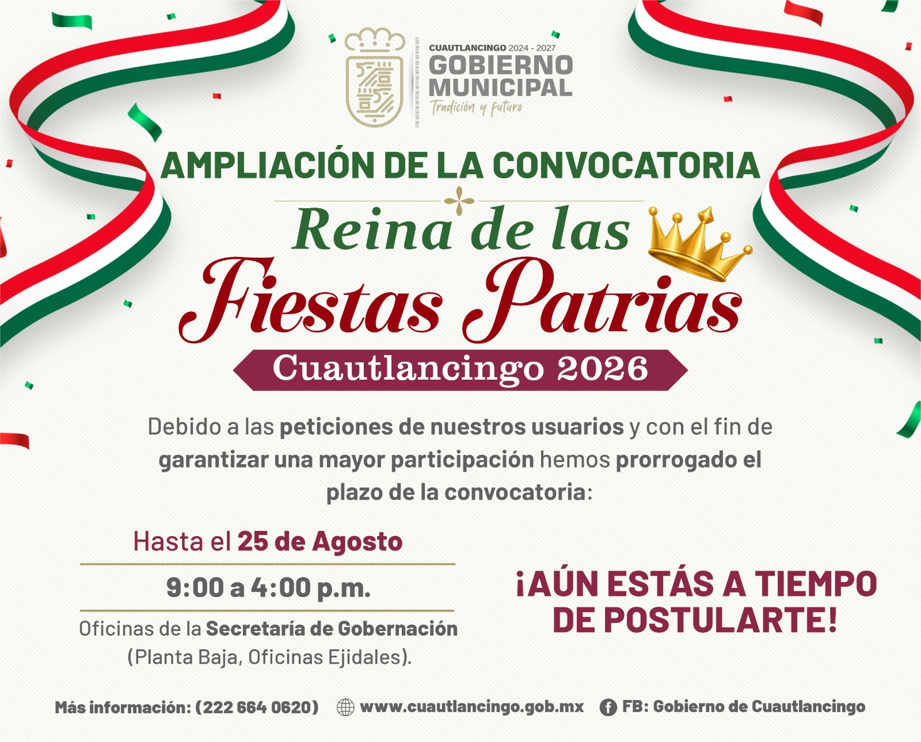 Amplían convocatoria para elegir a la Reina de las Fiestas Patrias 2026 en Cuautlancingo