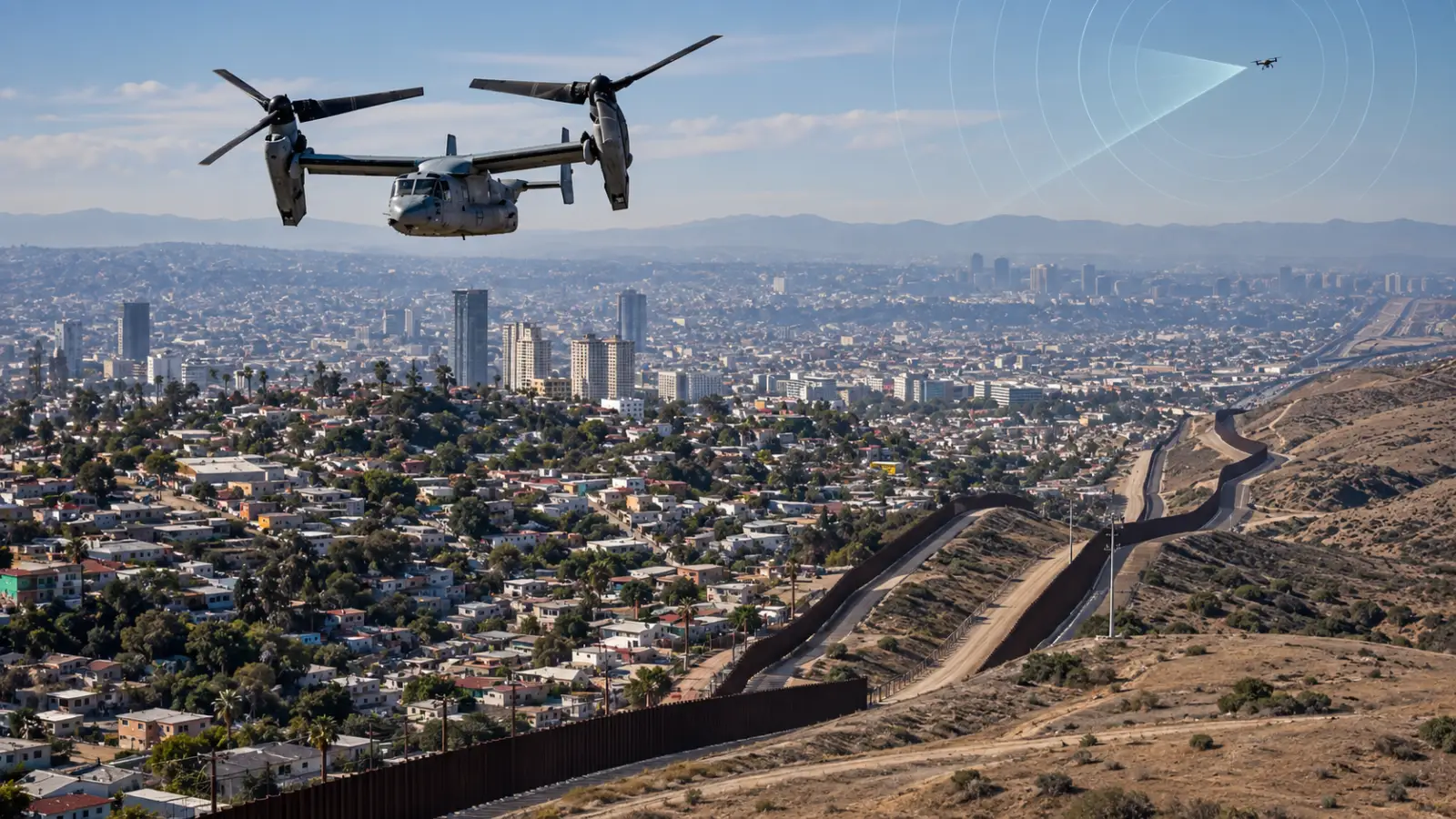 Aeronave militar sobre la frontera de Tijuana y San Diego con un dron comercial detectado a distancia