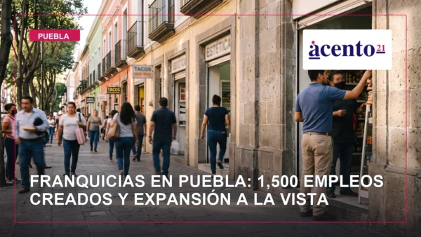Corredor comercial con pequeños negocios y peatones en el centro de Puebla
