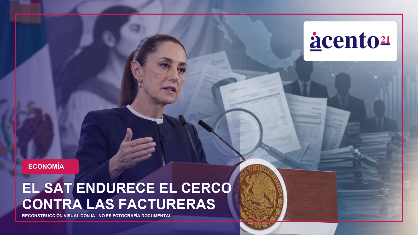 Claudia Sheinbaum frente a una reconstrucción gráfica de auditorías y facturas