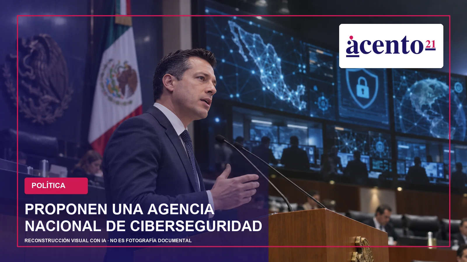 Luis Donaldo Colosio Riojas ante una reconstrucción de un centro nacional de ciberseguridad