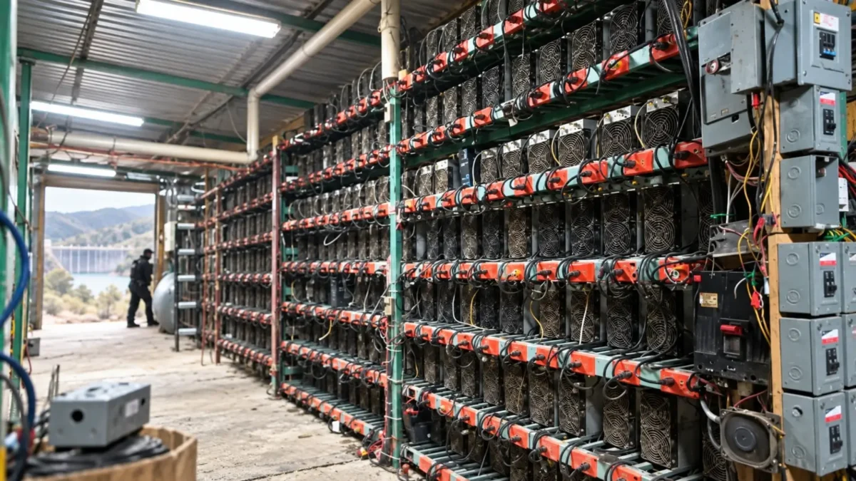 Filas reales de equipos de minería de criptomonedas instalados en una nave cercana a una presa de Puebla