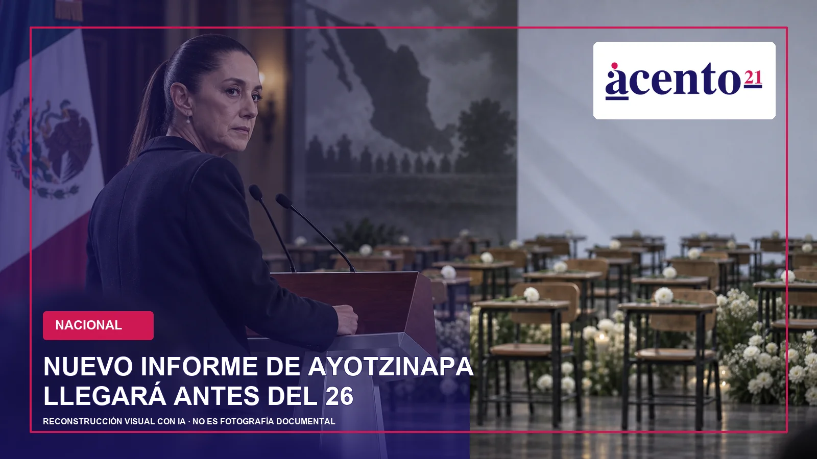 Claudia Sheinbaum frente a una reconstrucción simbólica y respetuosa de 43 pupitres vacíos