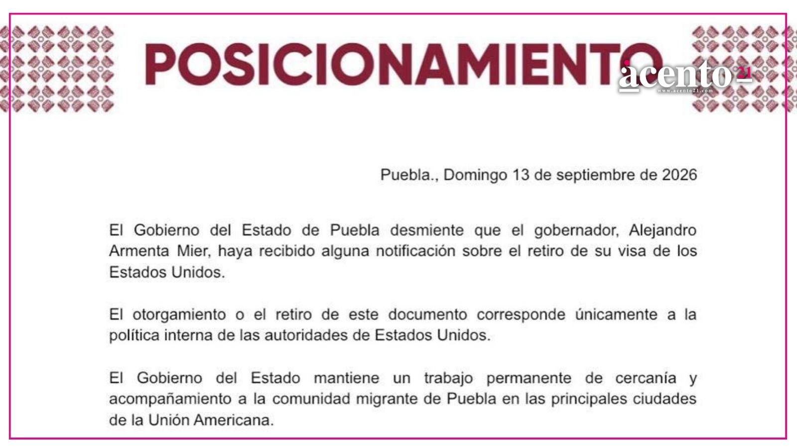 Gobierno de Puebla desmiente retiro de visa de Estados Unidos a Alejandro Armenta