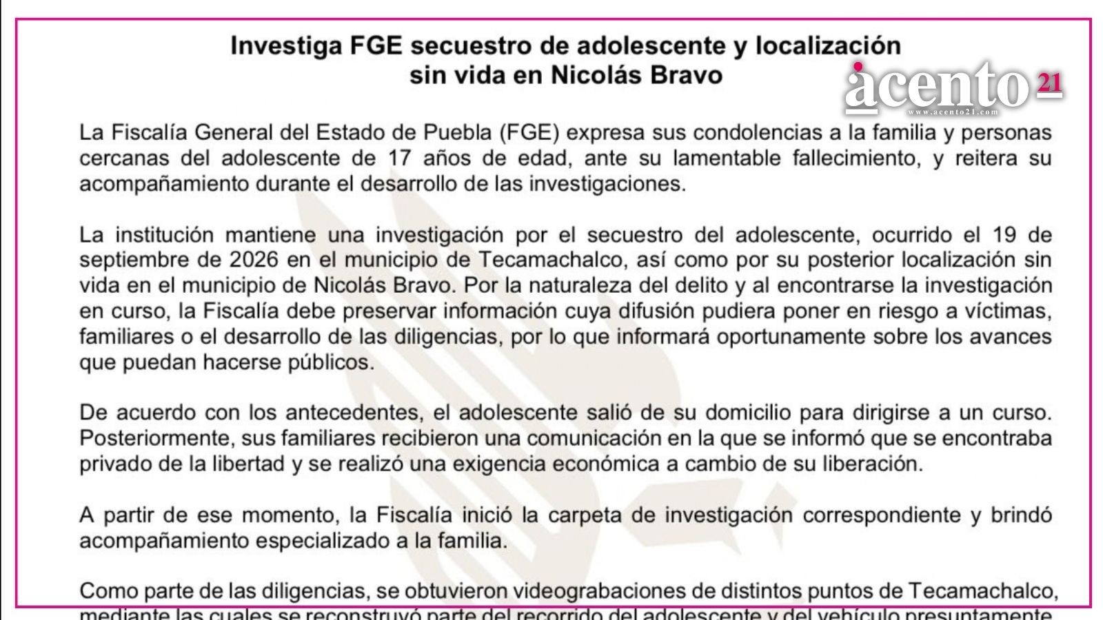 FGE investiga secuestro y asesinato del hijo del alcalde de Tecamachalco