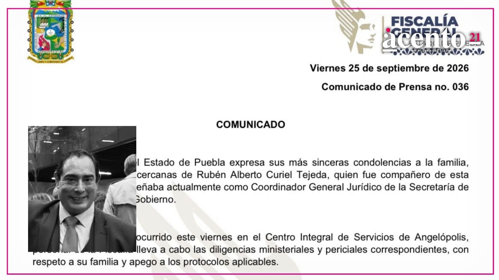 FGE investiga fallecimiento de Rubén Alberto Curiel en el CIS Angelópolis