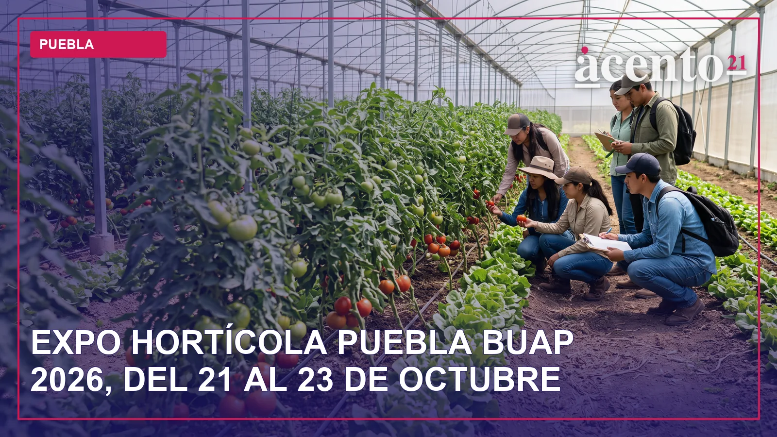 Representación de un campo de cultivo con hortalizas y maquinaria agrícola, simbolizando la Expo Hortícola Puebla BUAP 2026.