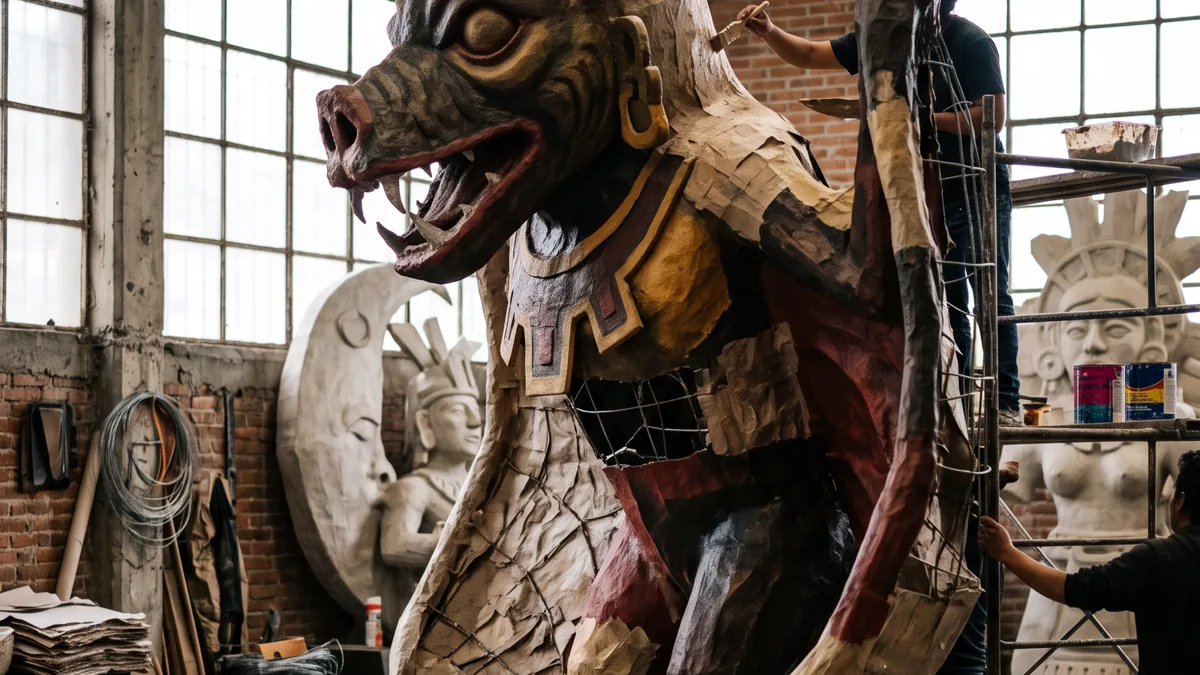 27 esculturas monumentales de Atlixco viajarán a Nueva York y Alemania Una escultura monumental de una catrina con elementos prehispánicos, en proceso de creación.