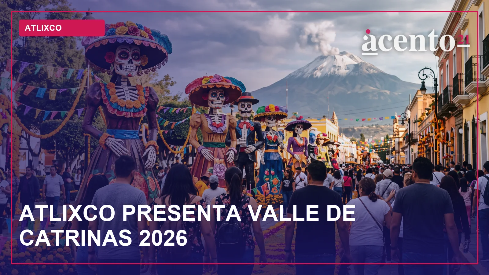 Una ilustración de una catrina monumental con elementos prehispánicos, en un ambiente festivo de Día de Muertos.