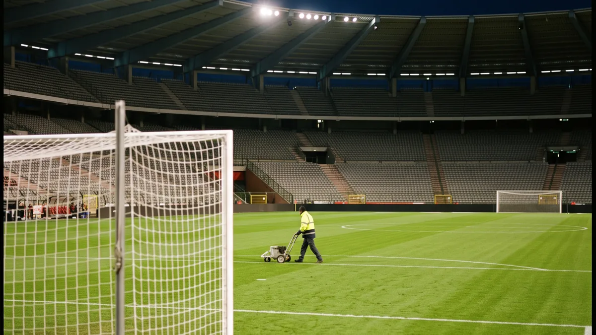 Bélgica vs. Francia: horario y dónde ver en México Estadio de fútbol con público, luces encendidas y un campo de juego verde.