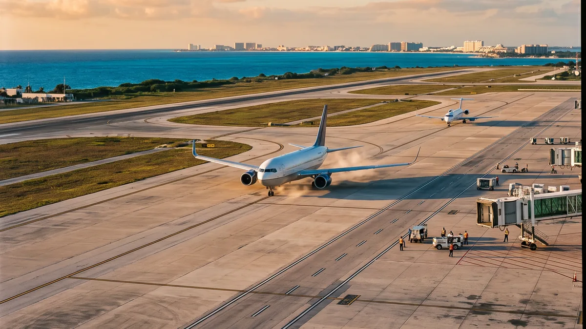 Cancún añade 3 rutas aéreas y recupera 5 conexiones internacionales Avión despegando o aterrizando en un aeropuerto con un cielo azul de fondo.