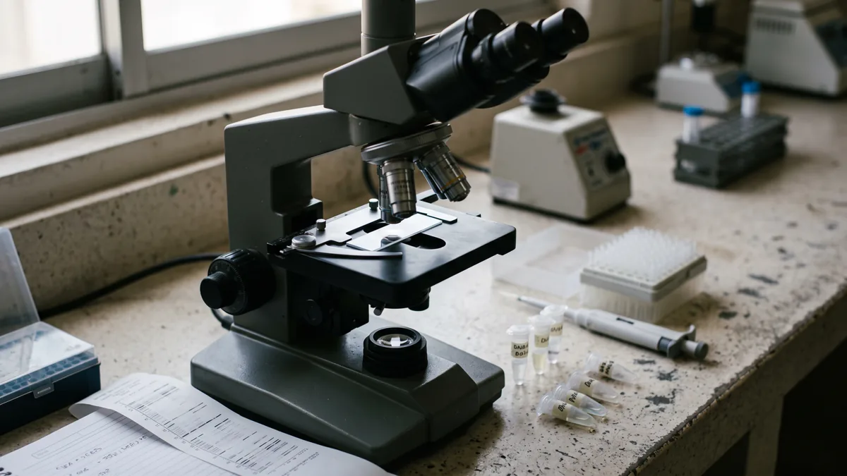 Confirman identidad de Yasmín Altamirano: feminicidio en Tehuacán Un microscopio de laboratorio con muestras de ADN en un entorno forense.