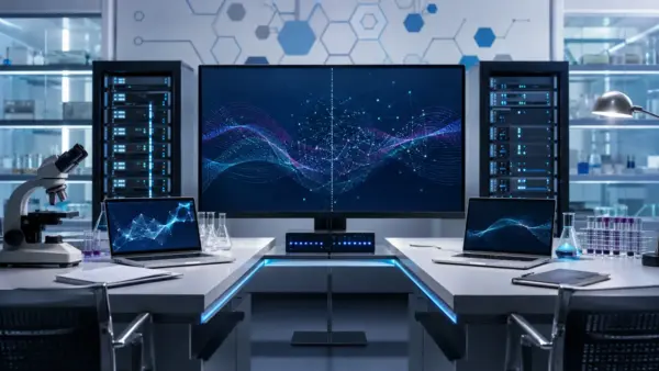 Ilustración conceptual de un laboratorio universitario de datos y ciberseguridad