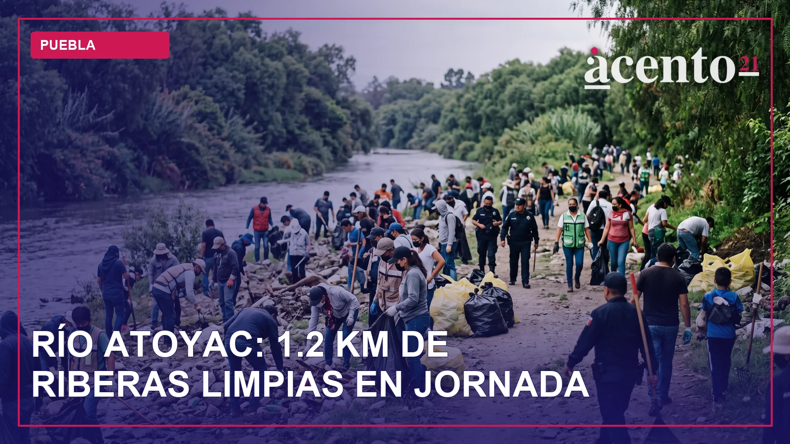 Voluntarios y autoridades limpiando la ribera de un río, con vegetación y agua al fondo.