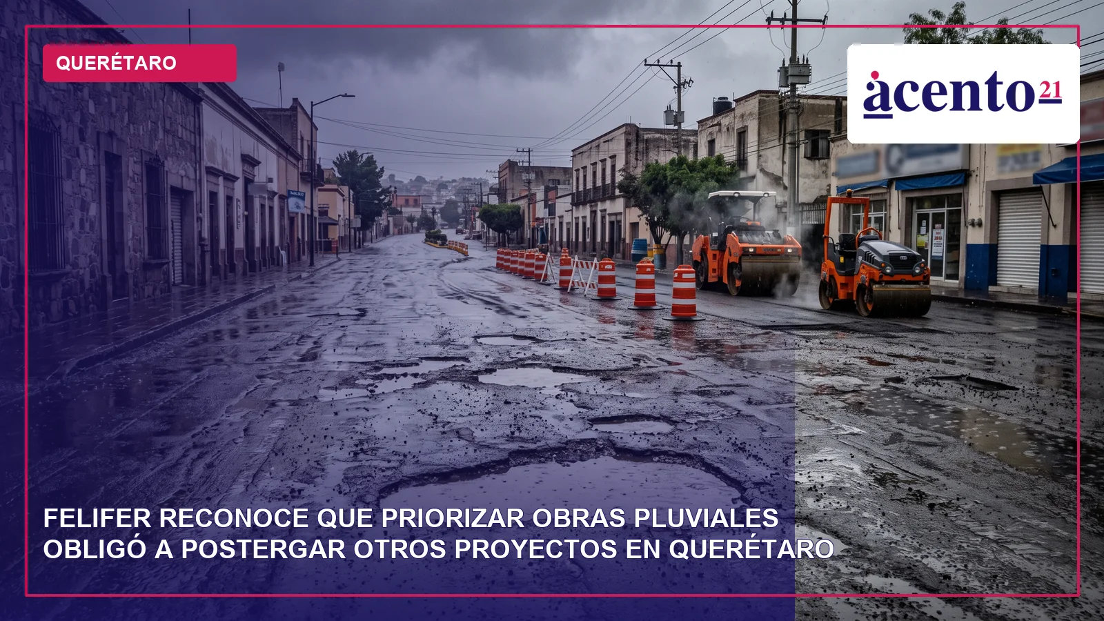 Obra de drenaje pluvial en construcción con maquinaria en una avenida de Querétaro, sin personas