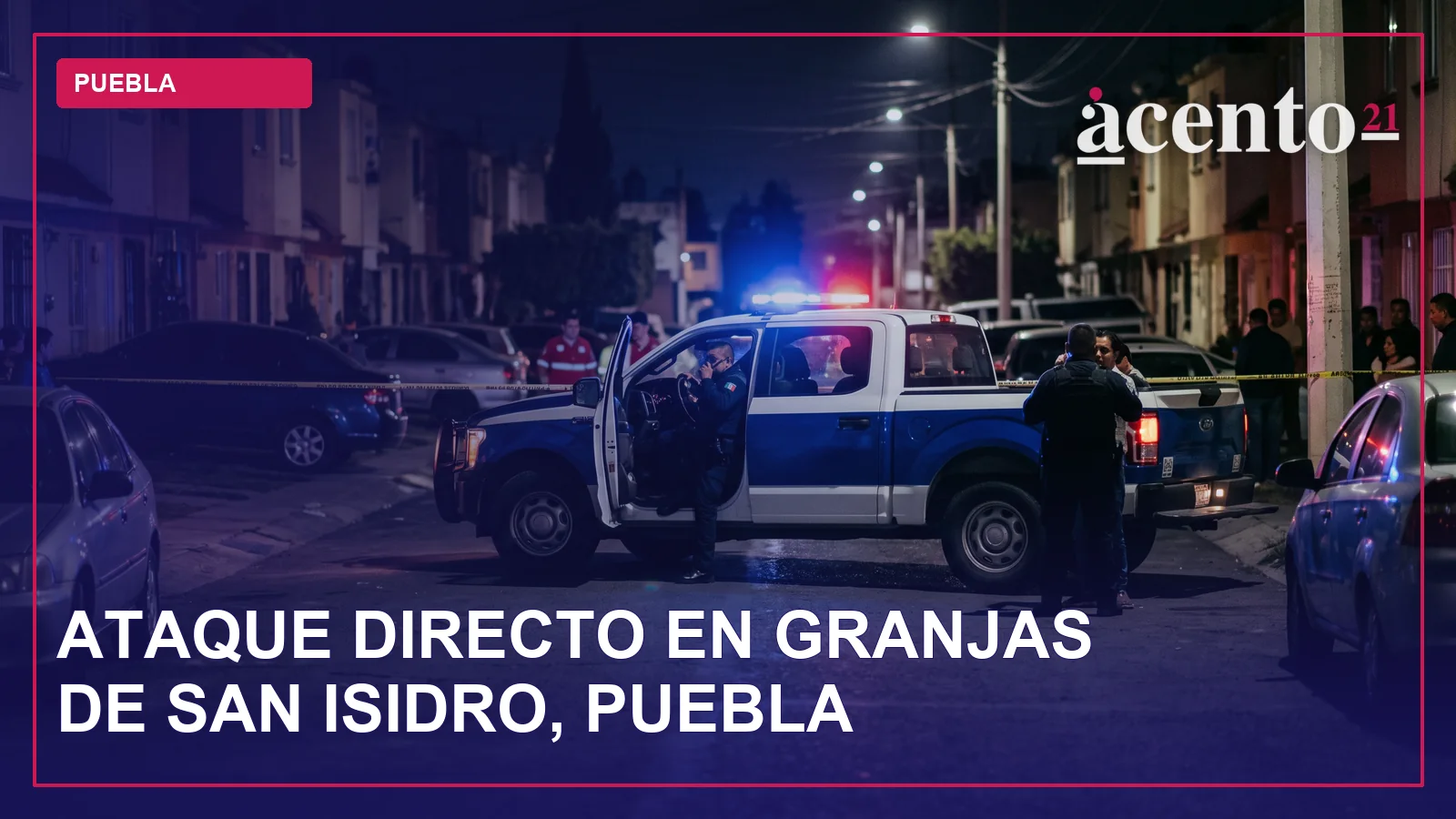 Una patrulla de policía con luces encendidas en una calle oscura, sugiriendo una escena de crimen o emergencia.