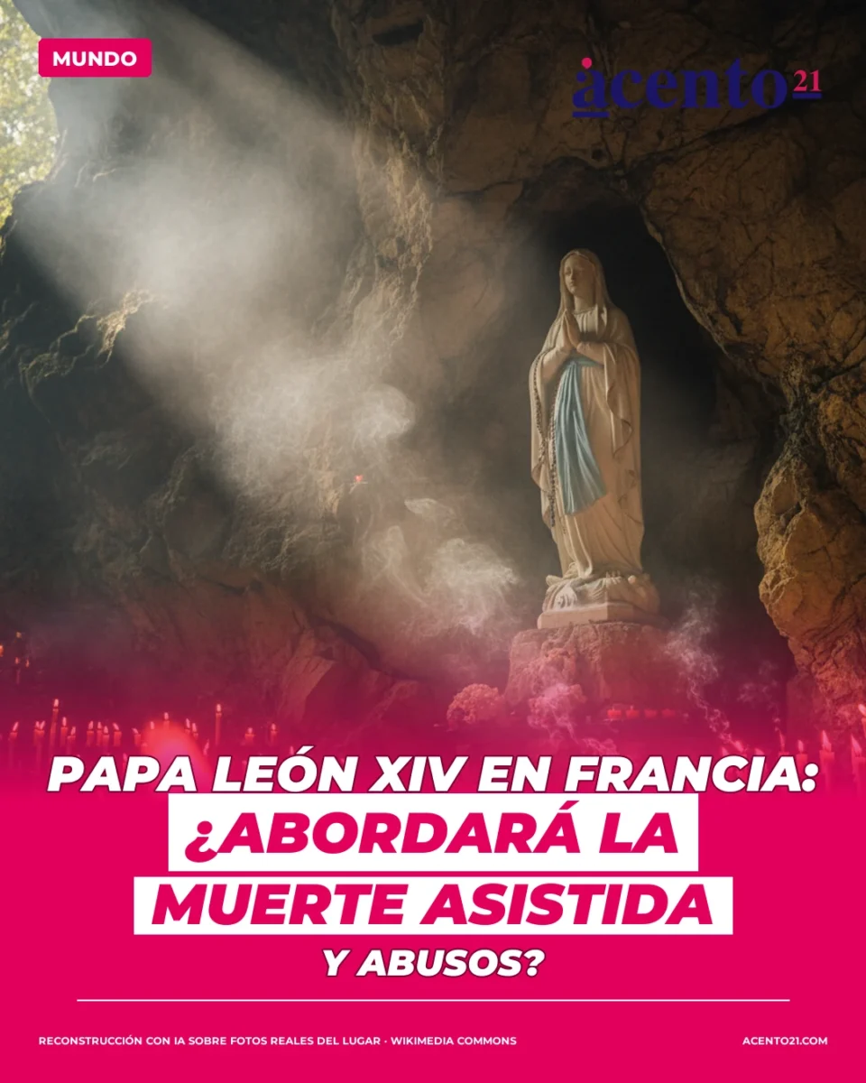 Una silueta de una figura papal con mitra y báculo, con la bandera de Francia de fondo.