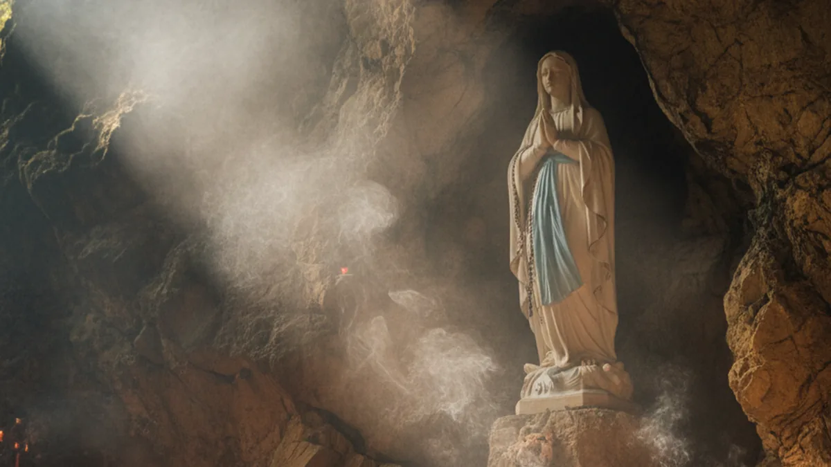 Papa León XIV en Francia: ¿abordará la muerte asistida y abusos? Una silueta de una figura papal con mitra y báculo, con la bandera de Francia de fondo.