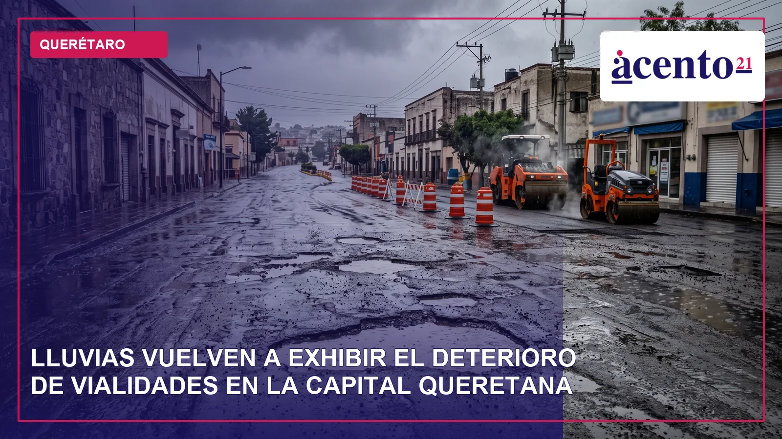 Calle urbana mojada con baches y charcos después de la lluvia, sin personas