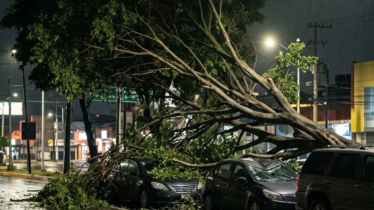 4 árboles caídos en Puebla capital por lluvias: ¿qué zonas afectó? Imagen de una calle mojada con árboles y edificios al fondo, sugiriendo un ambiente post-lluvia en una ciudad.