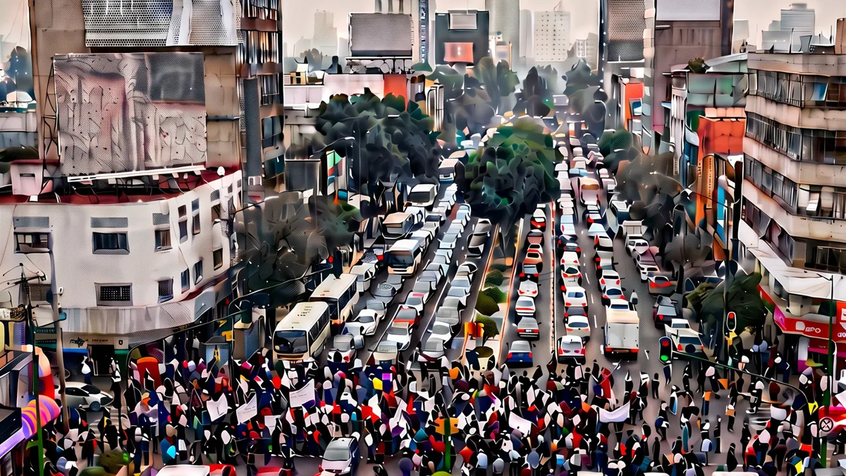 36 movilizaciones colapsan CDMX hoy, ¿cuáles calles evitar? Vista aérea de una avenida con tráfico vehicular y personas manifestándose en la distancia.