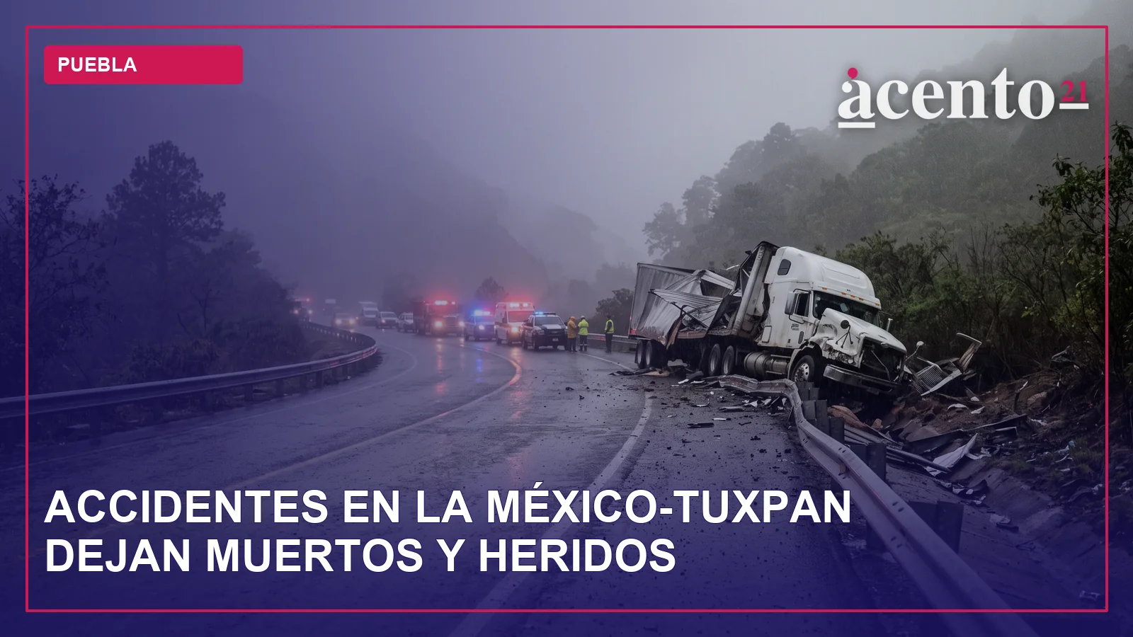 Vista aérea de una carretera con vehículos de emergencia y escombros tras un accidente.