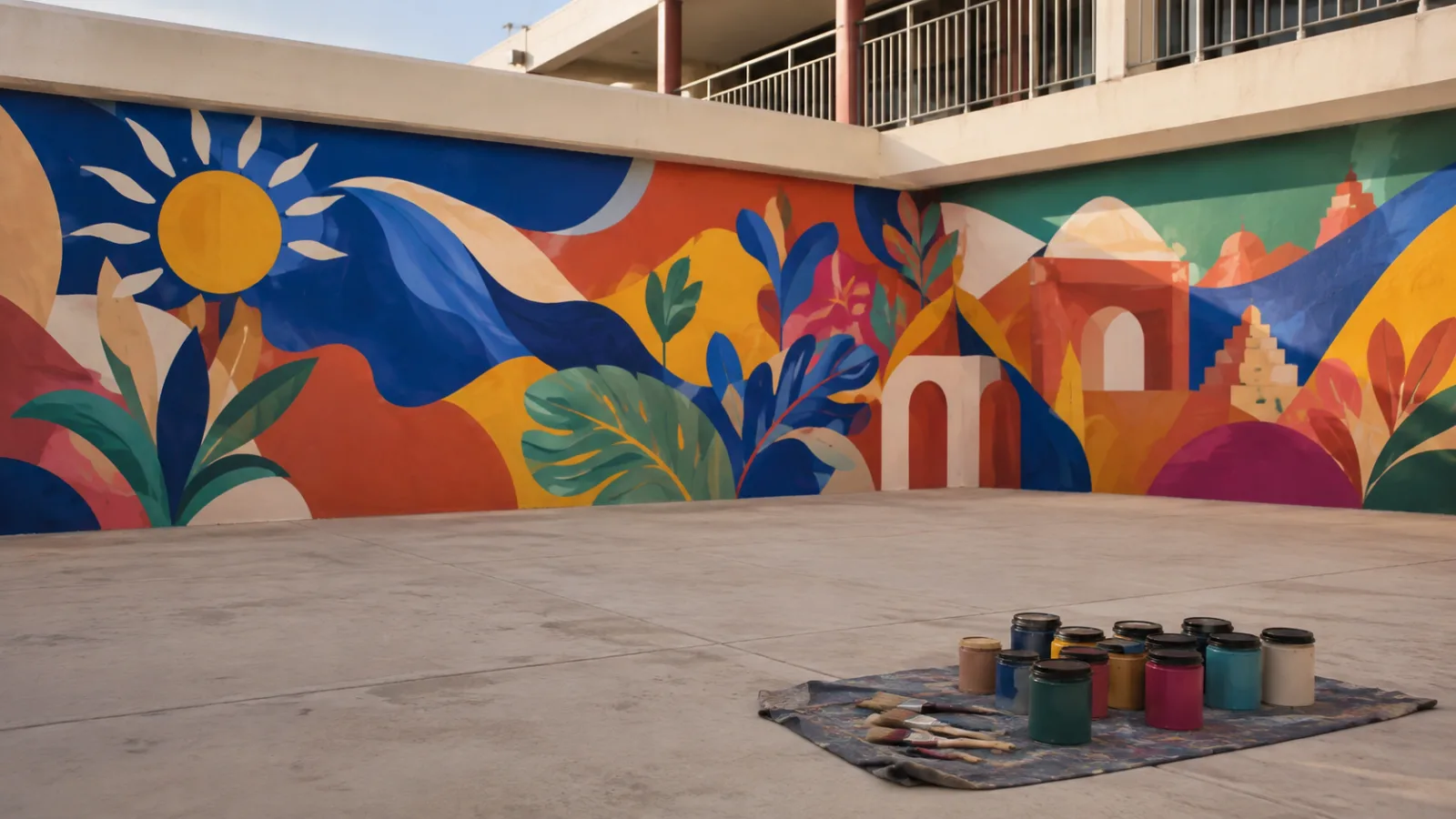Ilustración de un mural colorido en un patio escolar de Tepeaca