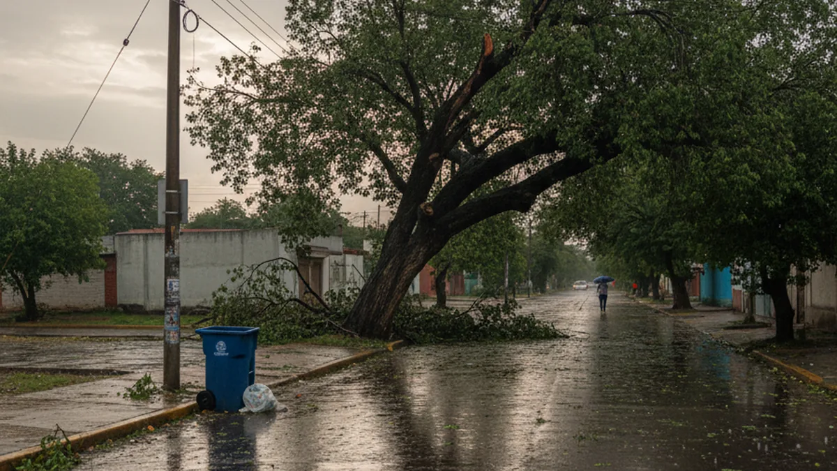 5 árboles caídos en Puebla por lluvias: ¿qué zonas se afectaron? Vista aérea de una ciudad con calles mojadas y árboles, bajo un cielo nublado que sugiere lluvia reciente o inminente.