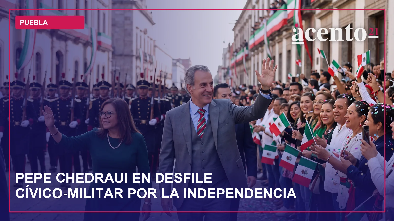 Una representación de un desfile cívico-militar con participantes marchando y banderas.
