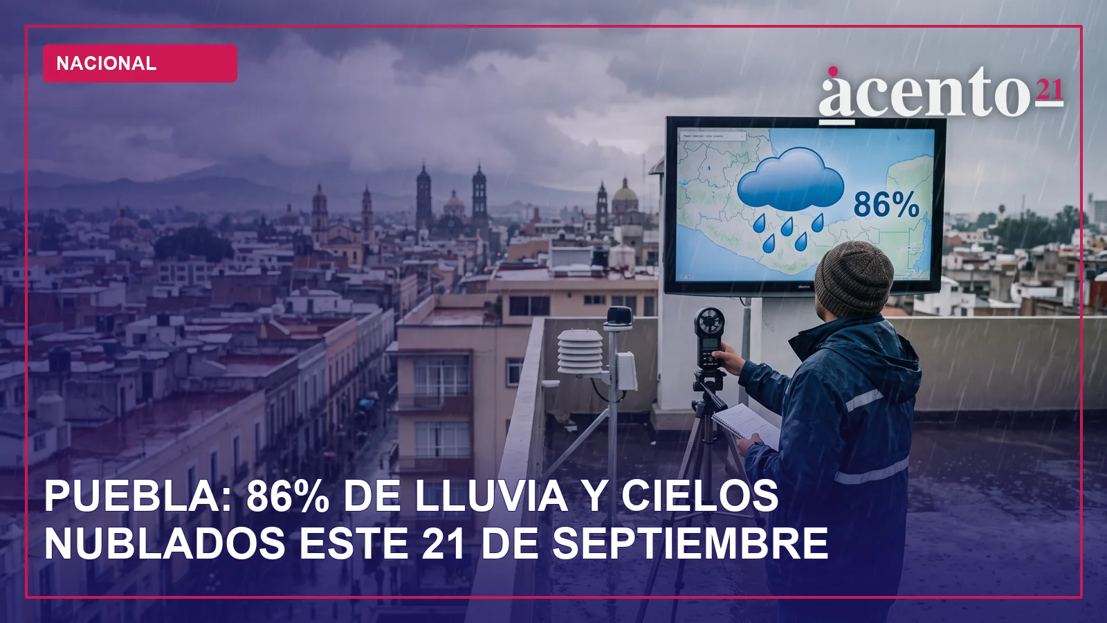 Representación gráfica de un pronóstico del tiempo con nubes y lluvia sobre una ciudad.