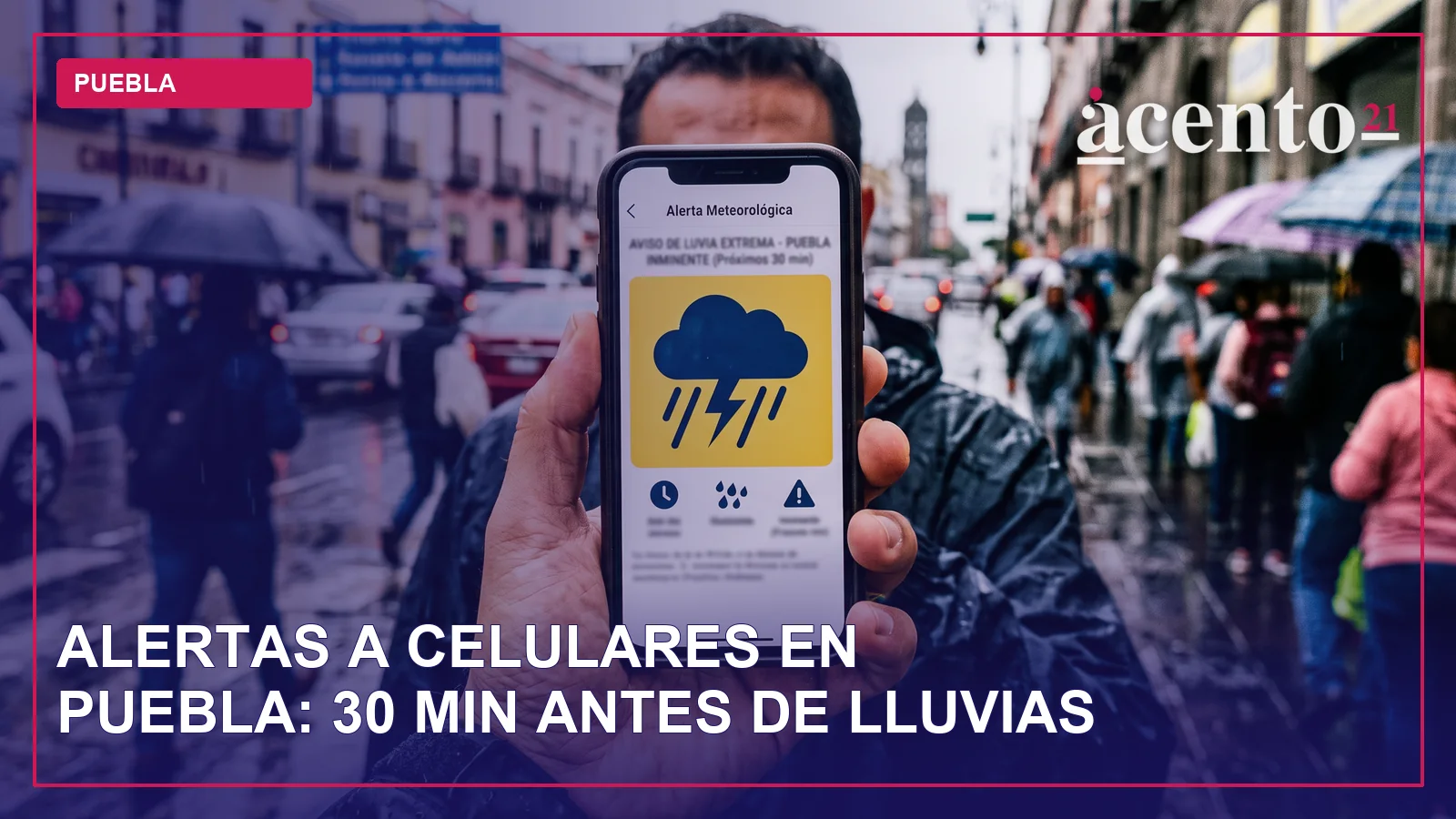 Representación gráfica de una alerta meteorológica en una pantalla de teléfono móvil, con símbolos de lluvia y nubes.