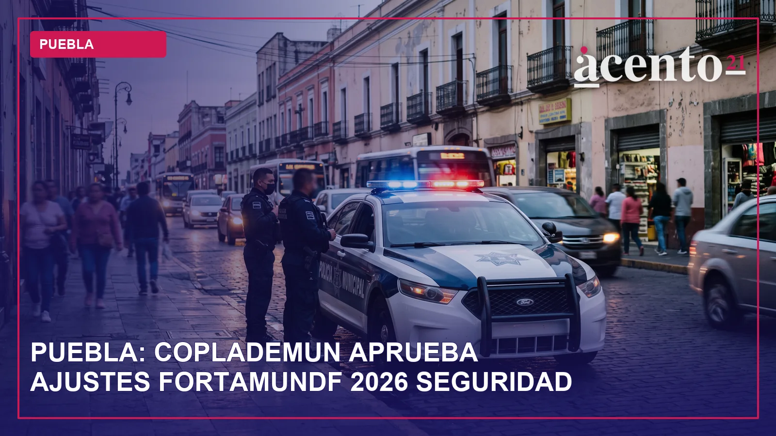 Una patrulla de policía genérica en una calle urbana, con luces de emergencia encendidas.