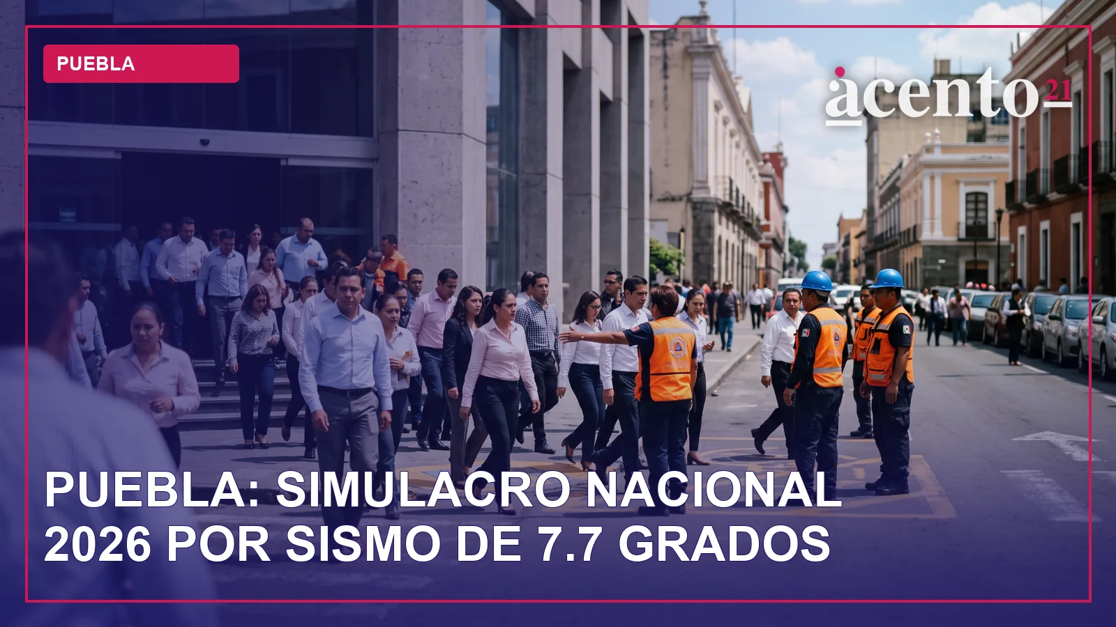 Ilustración de un sismo con edificios moviéndose y personas evacuando de forma ordenada.