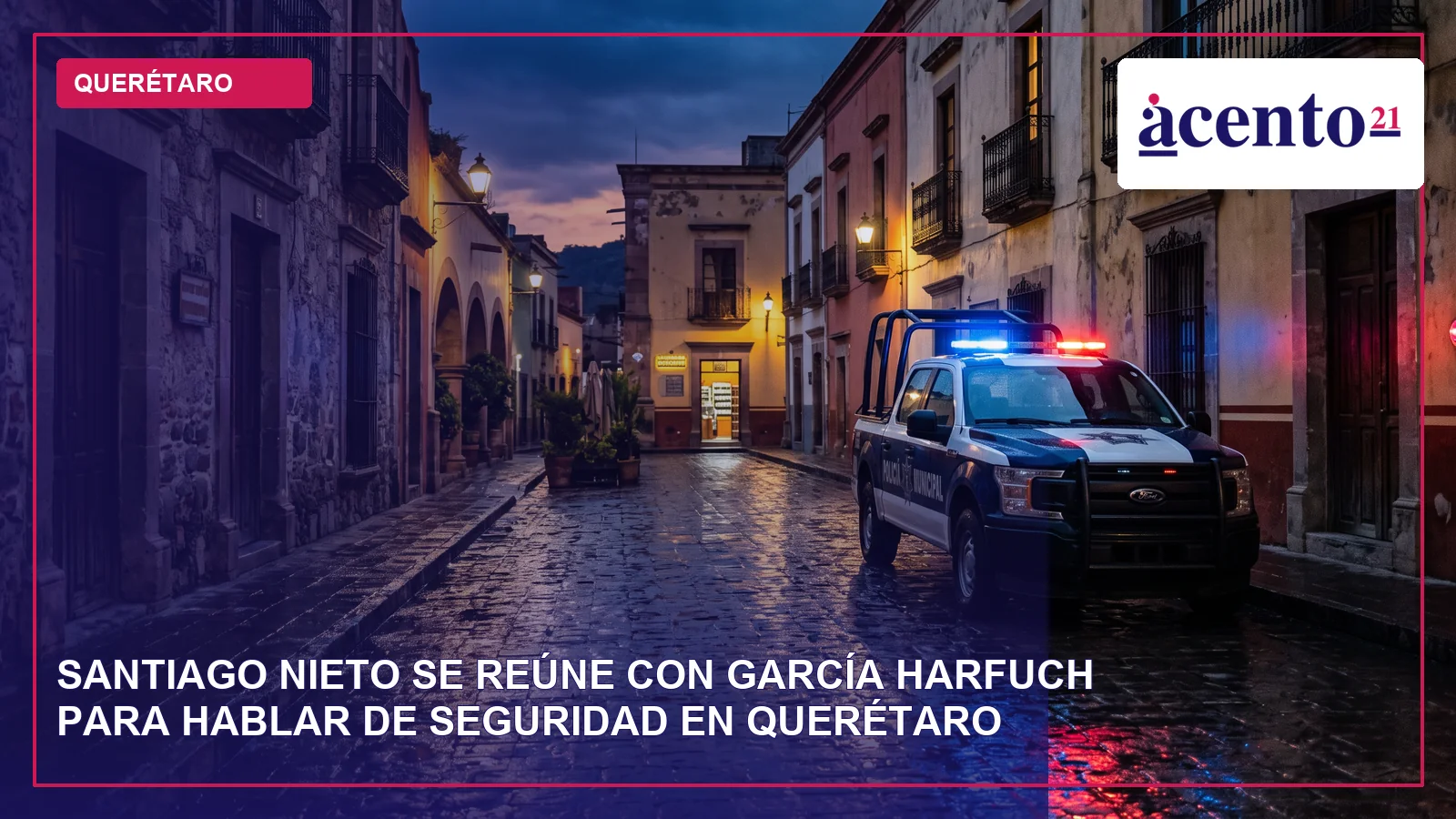 Fachada institucional de Querétaro con patrulla estacionada al frente, sin personas