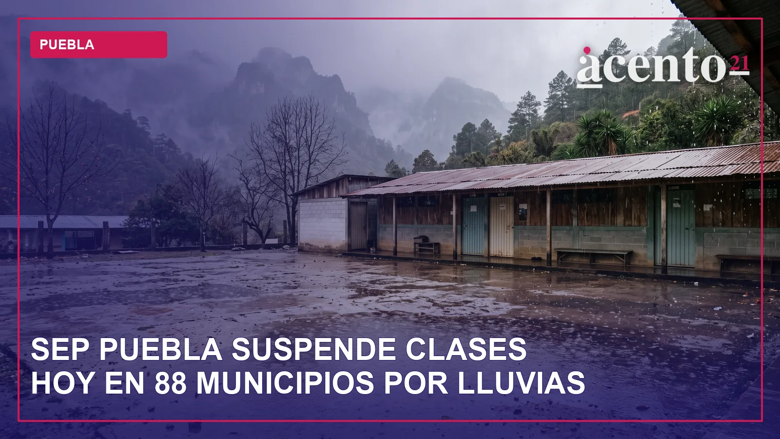 Una imagen que representa un mapa de Puebla con zonas sombreadas indicando municipios afectados por lluvias, con un icono de nube y gotas de lluvia.