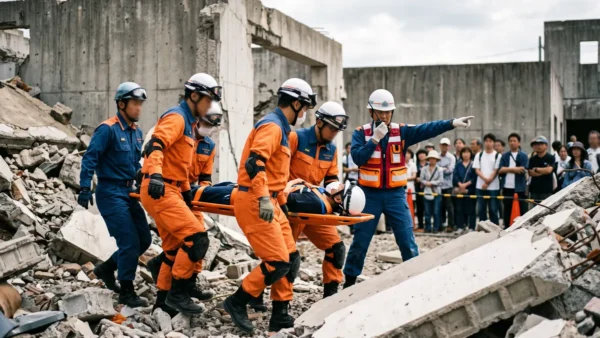 Imagen de un simulacro de emergencia con equipos de rescate y personas en acción.