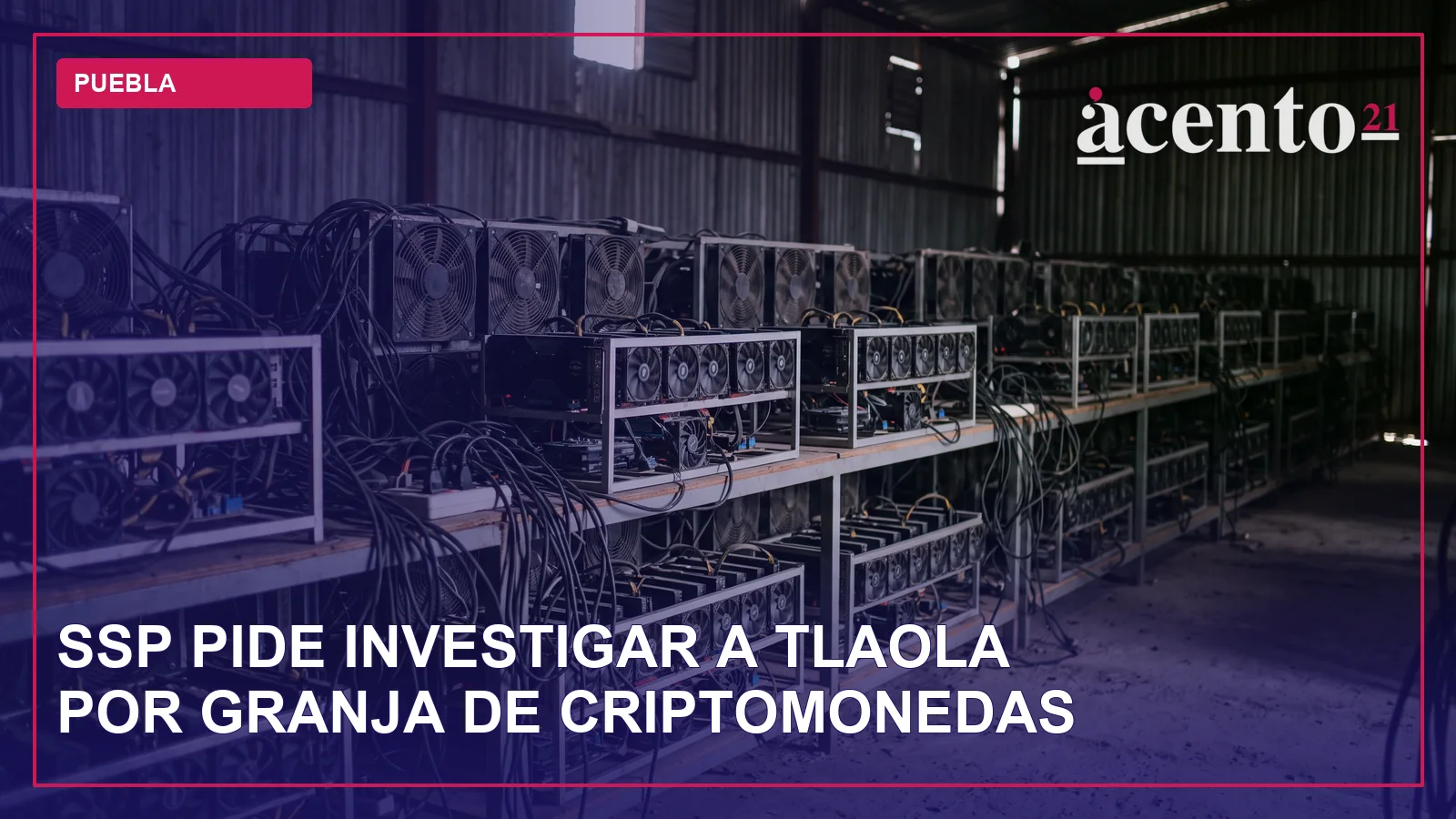 Racks de equipos de cómputo para minería de criptomonedas en una bodega, sin personas
