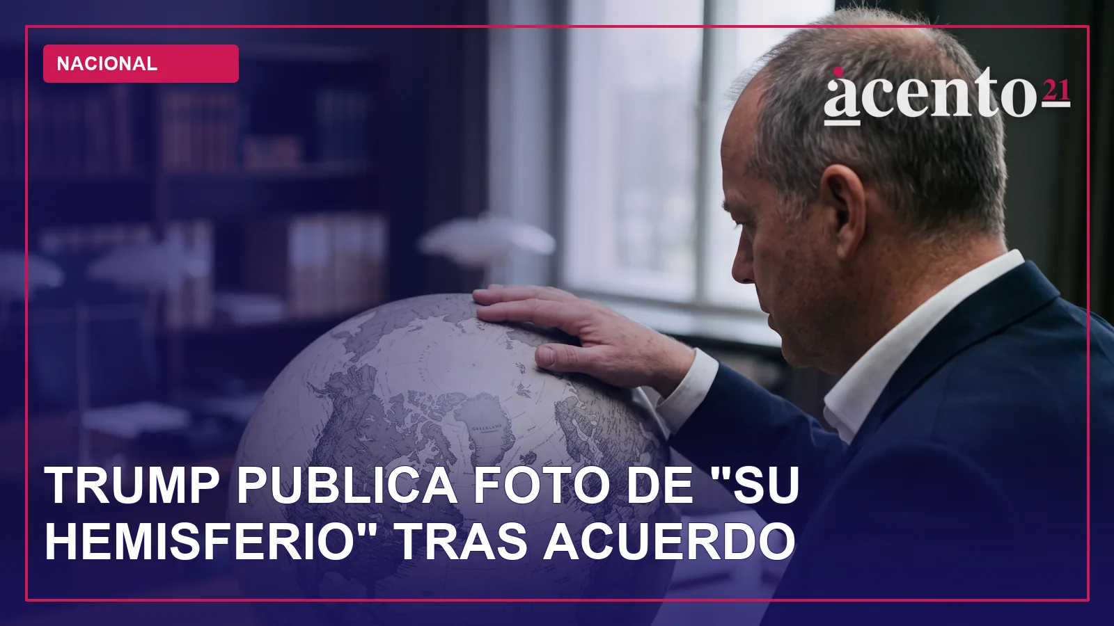 Una imagen digital que muestra el perfil de un hombre mirando un globo terráqueo en tonos grises, con el Ártico y Groenlandia visibles.