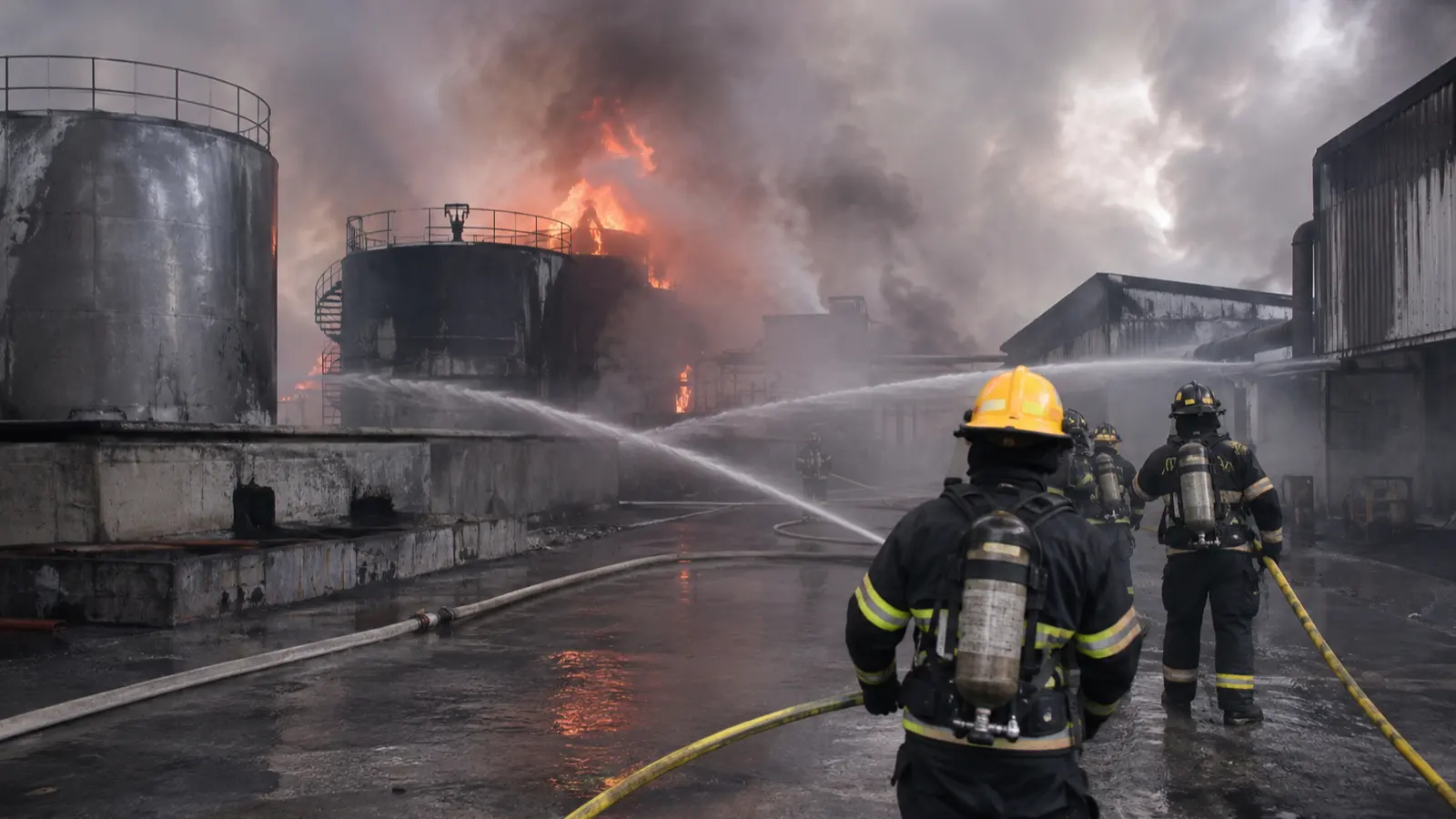 Bomberos combaten un incendio entre tanques y naves industriales