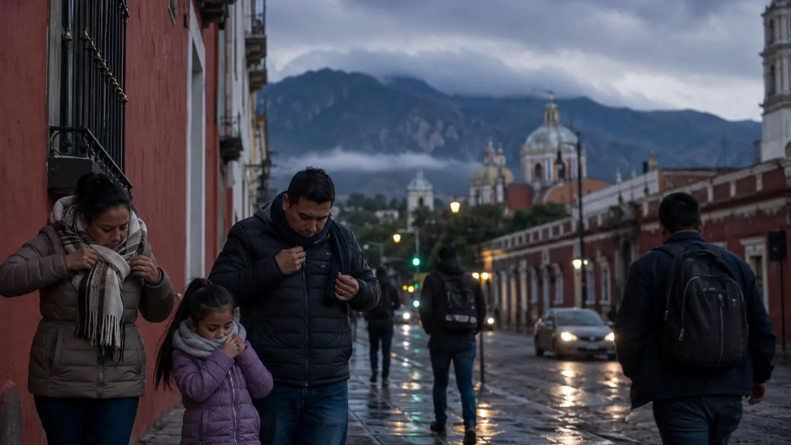 Familia y peatones se abrigan en una calle de Puebla bajo cielo frío