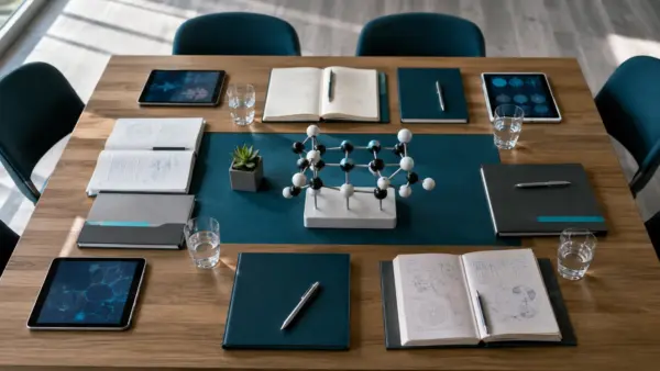 Mesa de trabajo vacía con cuadernos, tabletas y una maqueta molecular.