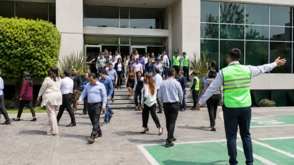 Personas evacuan ordenadamente un edificio durante un simulacro de protección civil