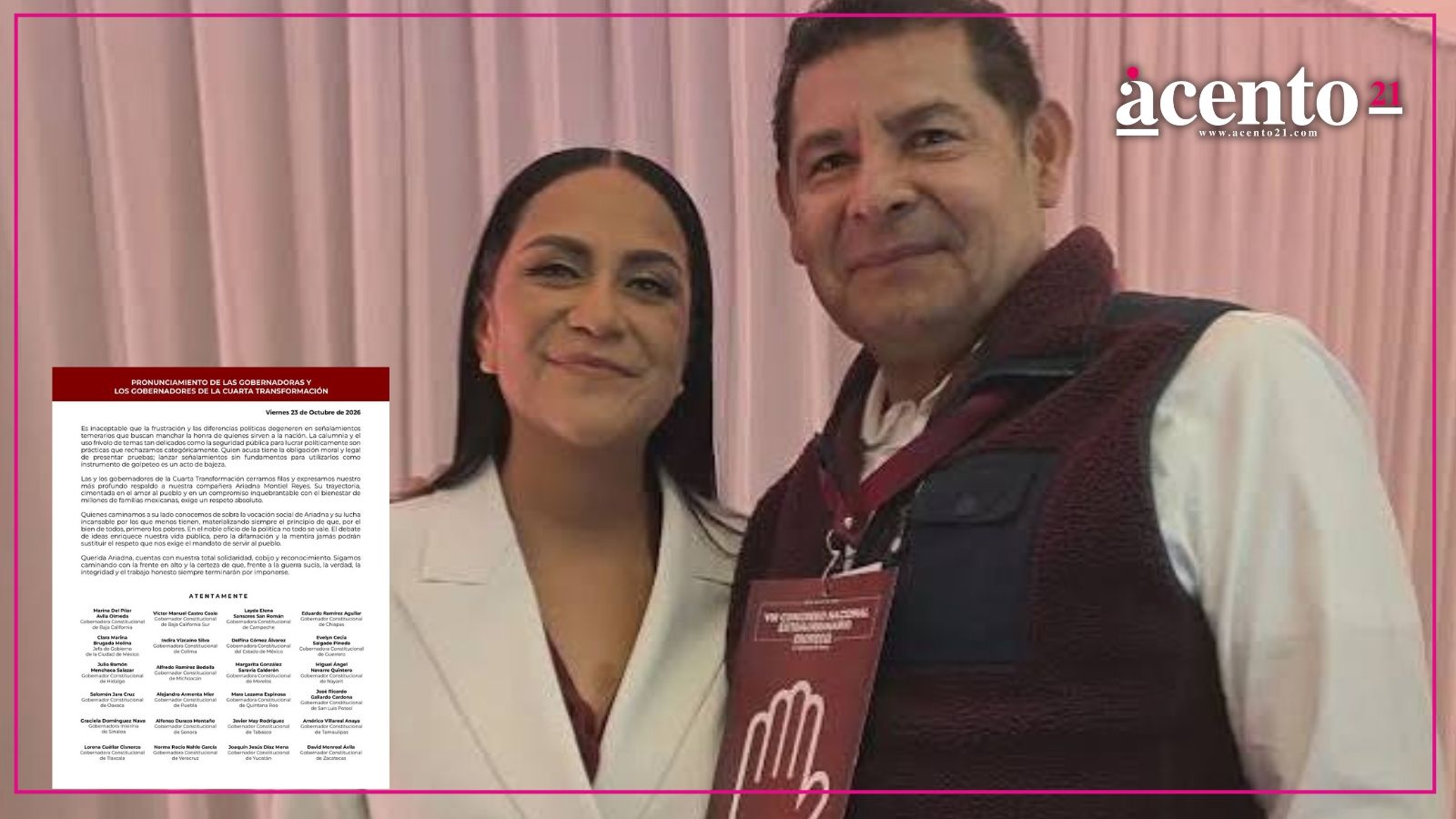 Alejandro Armenta respalda a Ariadna Montiel tras señalamientos de Maru Campos