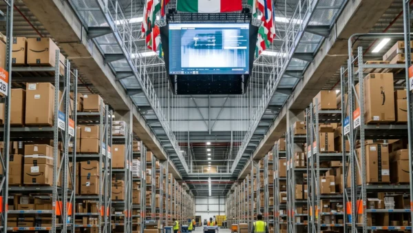 Una representación gráfica de cajas de Amazon apiladas en un almacén, simbolizando la logística y el empleo.